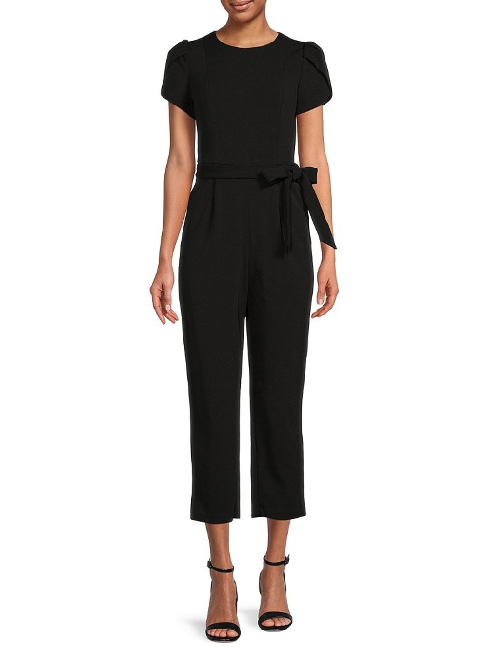 Calvin Klein Black Short-Sleeve Tie-Waist Crepe Jumpsuit